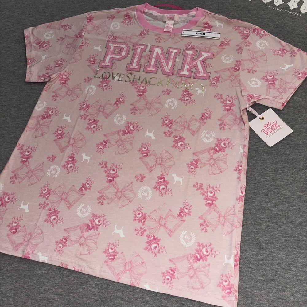 PINK x LoveShackFancy Beaux Icons Floral Bow Short Sleeve Cotton Campus T-Shirt - Picture 2 of 11